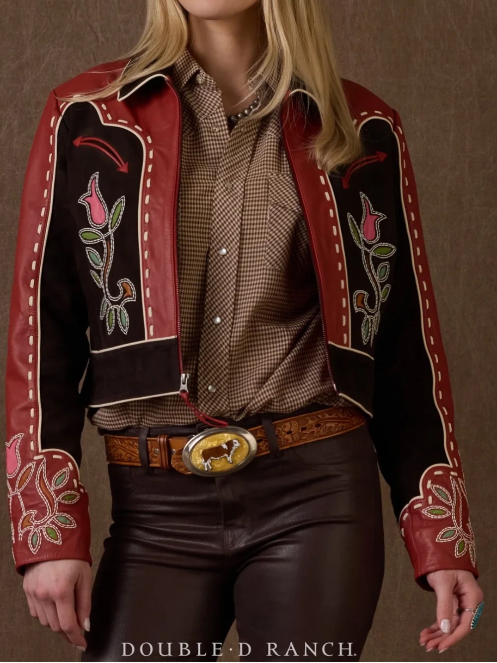 Double D Ranch Tulip Time Leather Jacket inlaid leather embroidered RTL $1295 L